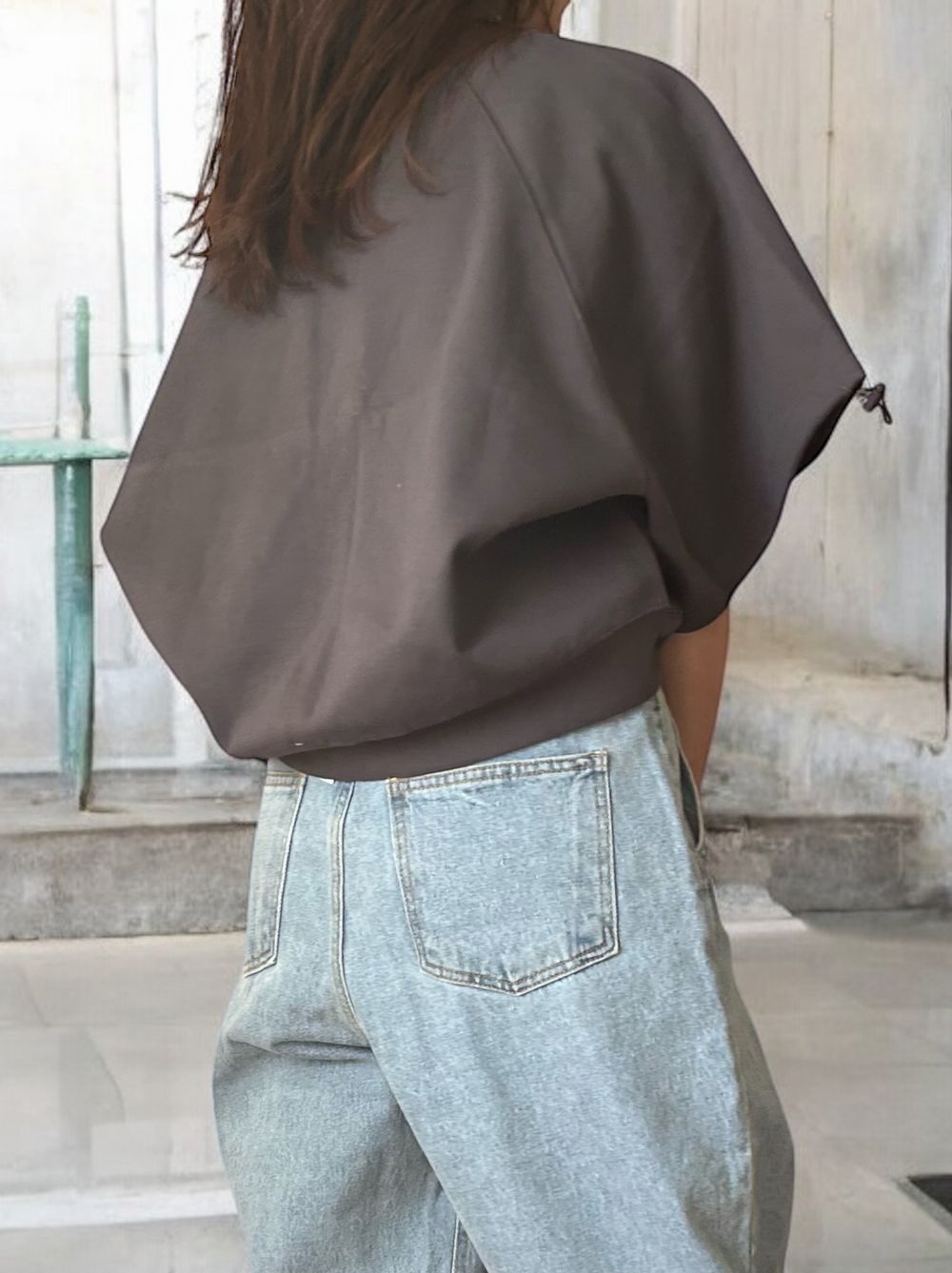 Drawstringsh short sleeve Vネックトップス