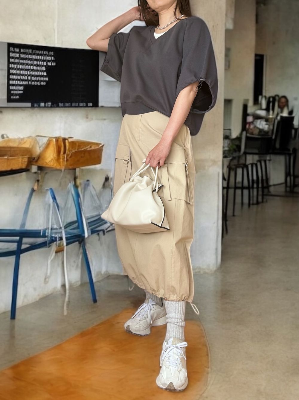 Drawstringsh short sleeve Vネックトップス