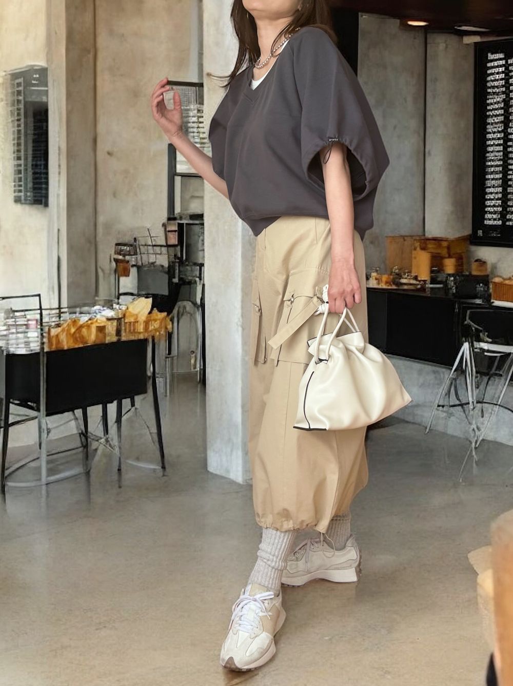 Drawstringsh short sleeve Vネックトップス