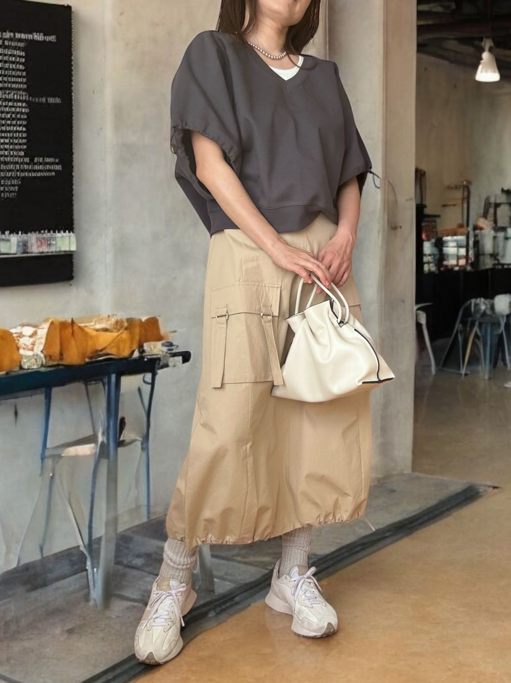 Drawstringsh short sleeve Vネックトップス
