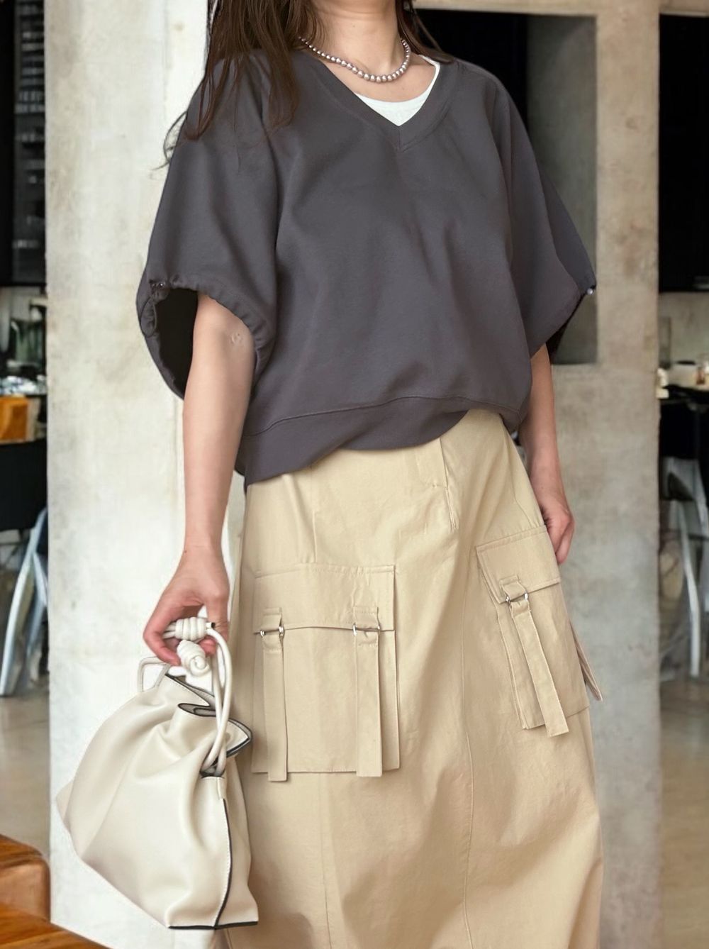 Drawstringsh short sleeve Vネックトップス