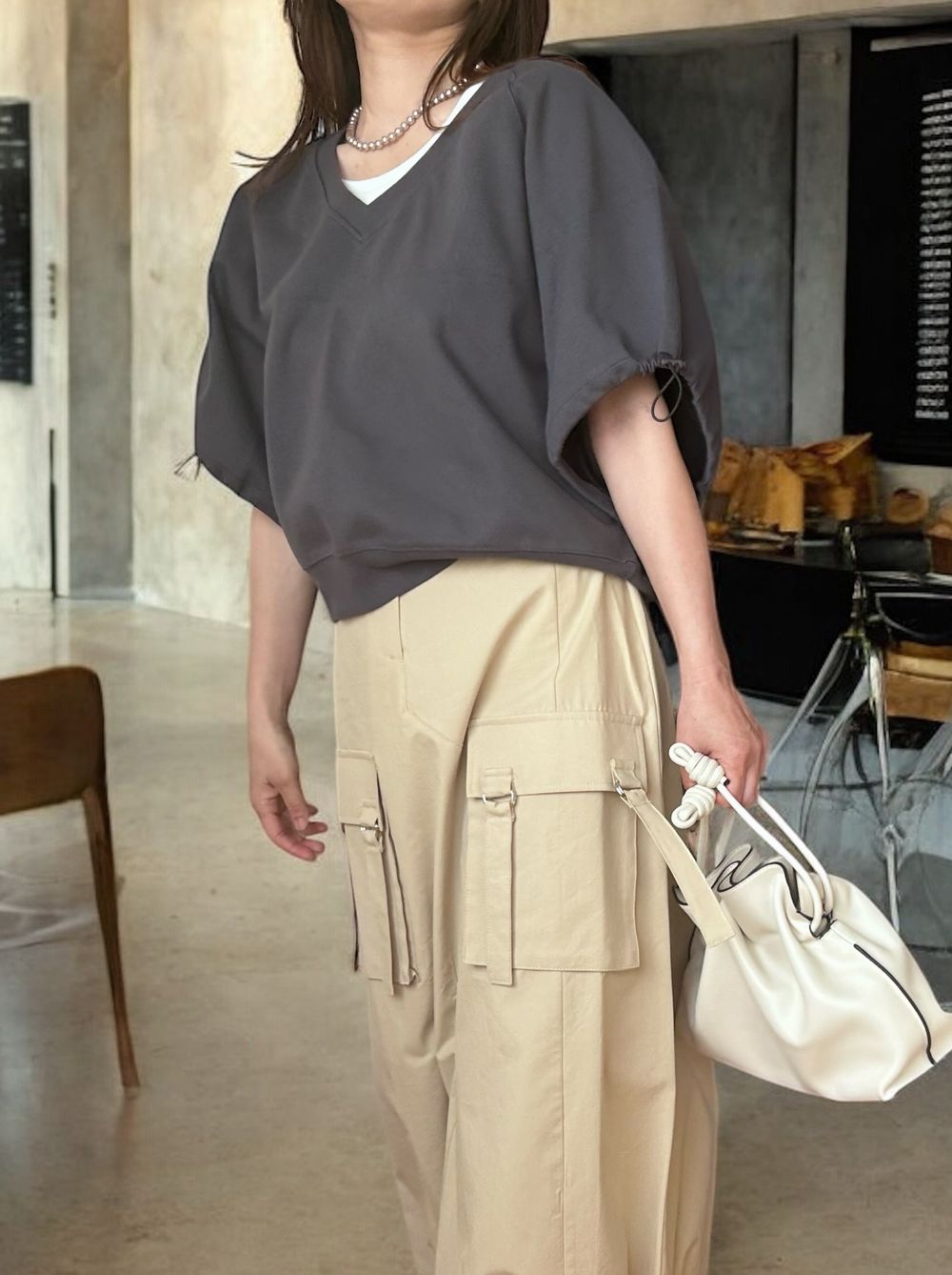 Drawstringsh short sleeve Vネックトップス