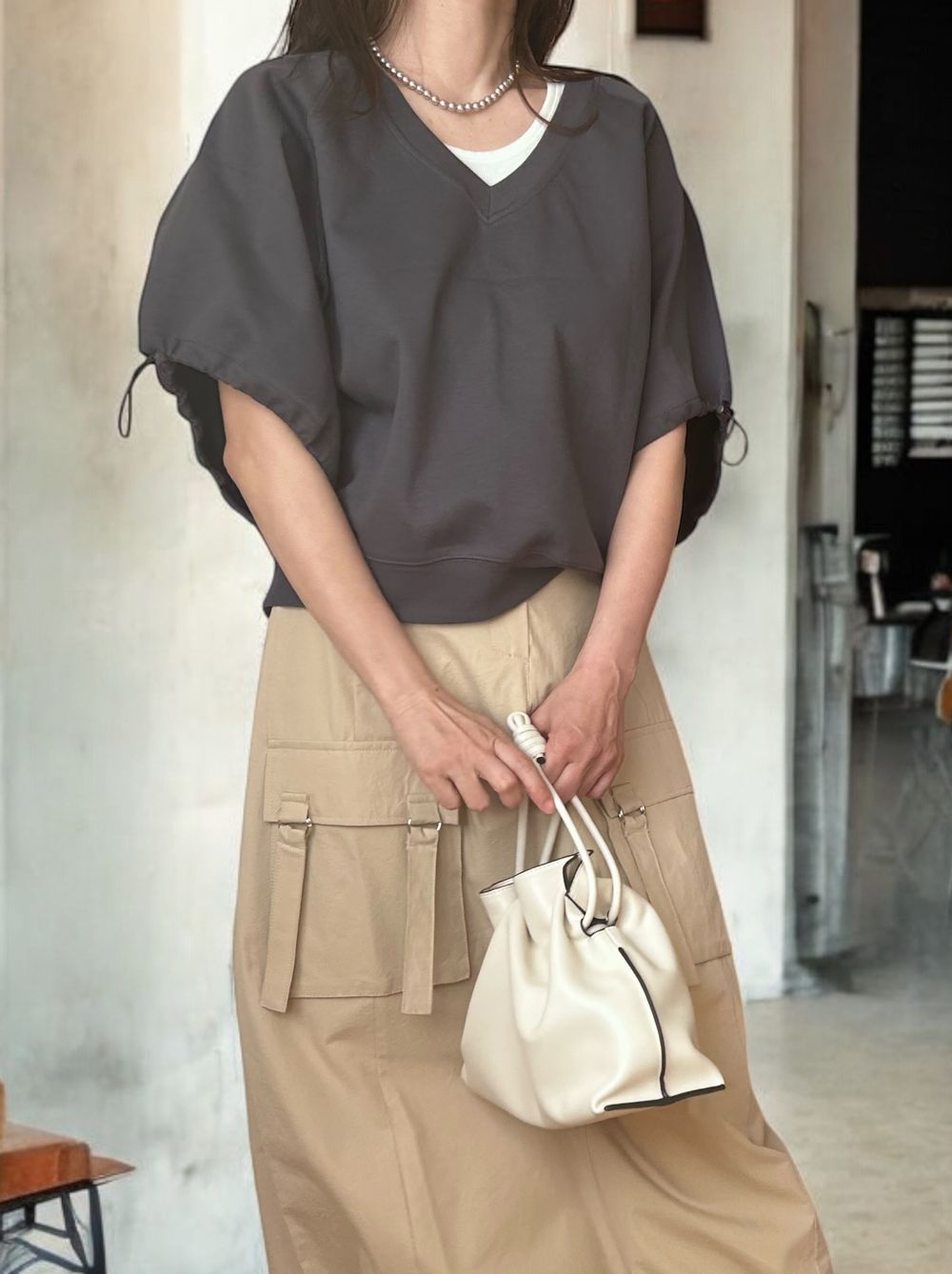 Drawstringsh short sleeve Vネックトップス