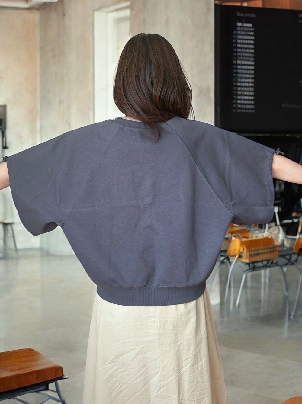 Drawstringsh short sleeve Vネックトップス