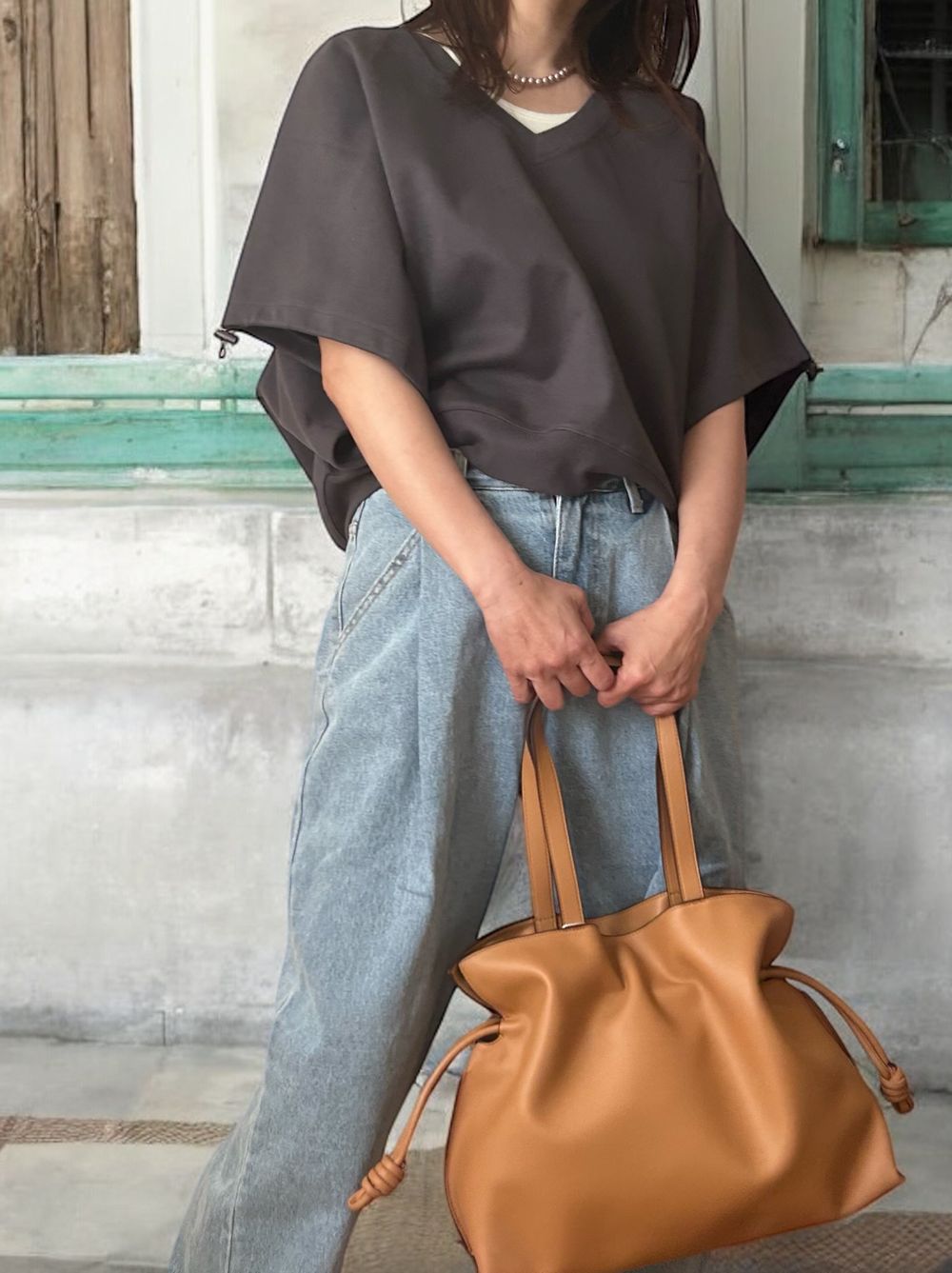Drawstringsh short sleeve Vネックトップス