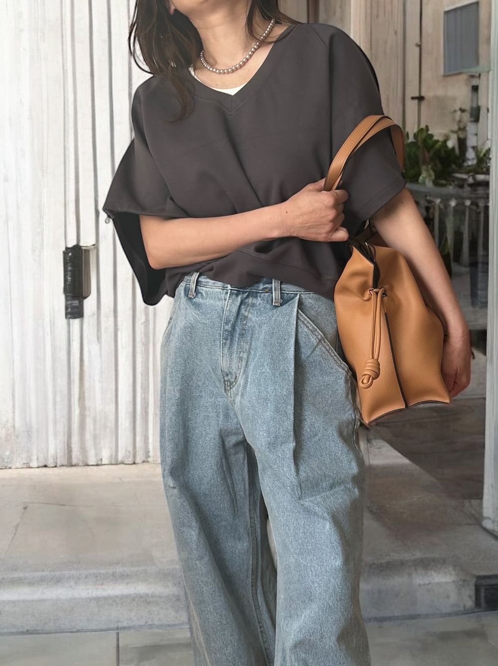 Drawstringsh short sleeve Vネックトップス