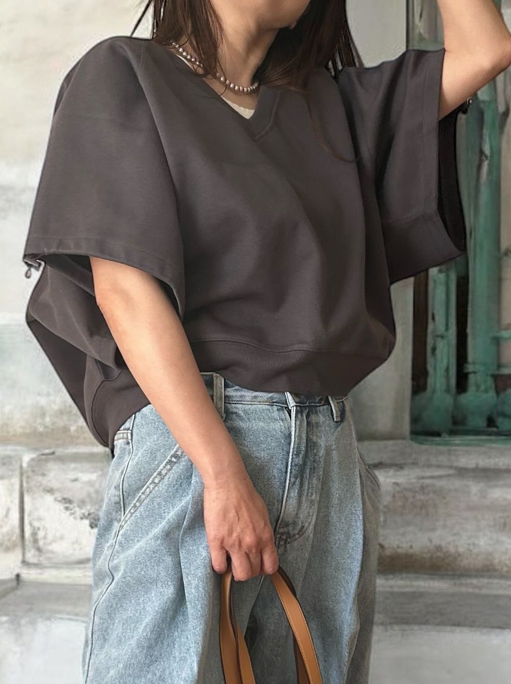 Drawstringsh short sleeve Vネックトップス