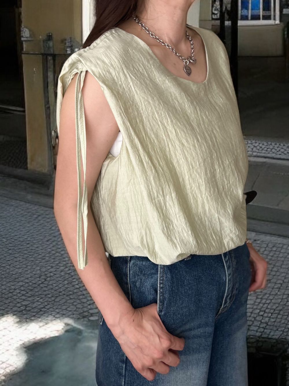Drawstring shoulder エアリーシフォントップス