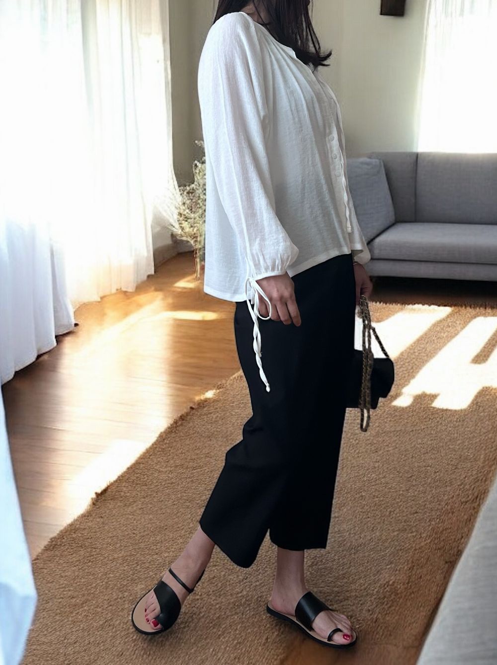 Sheer pleats ボウタイブラウス