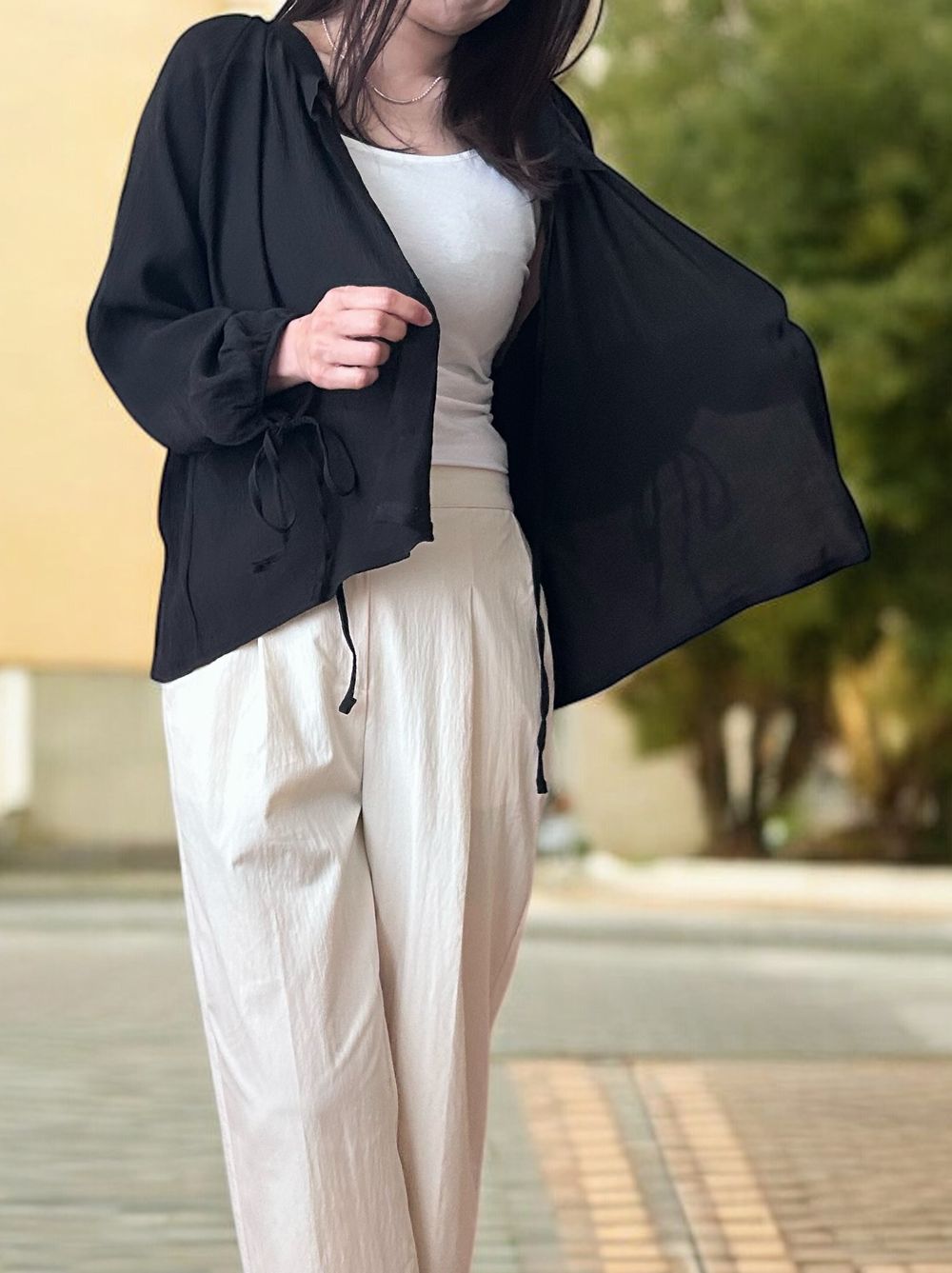 Sheer pleats ボウタイブラウス