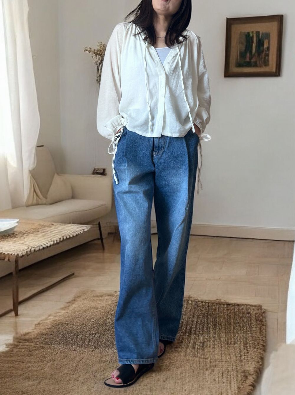 Sheer pleats ボウタイブラウス