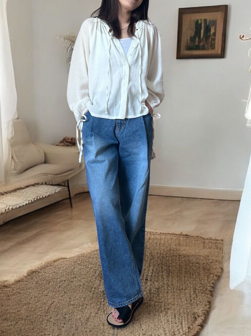 Sheer pleats ボウタイブラウス
