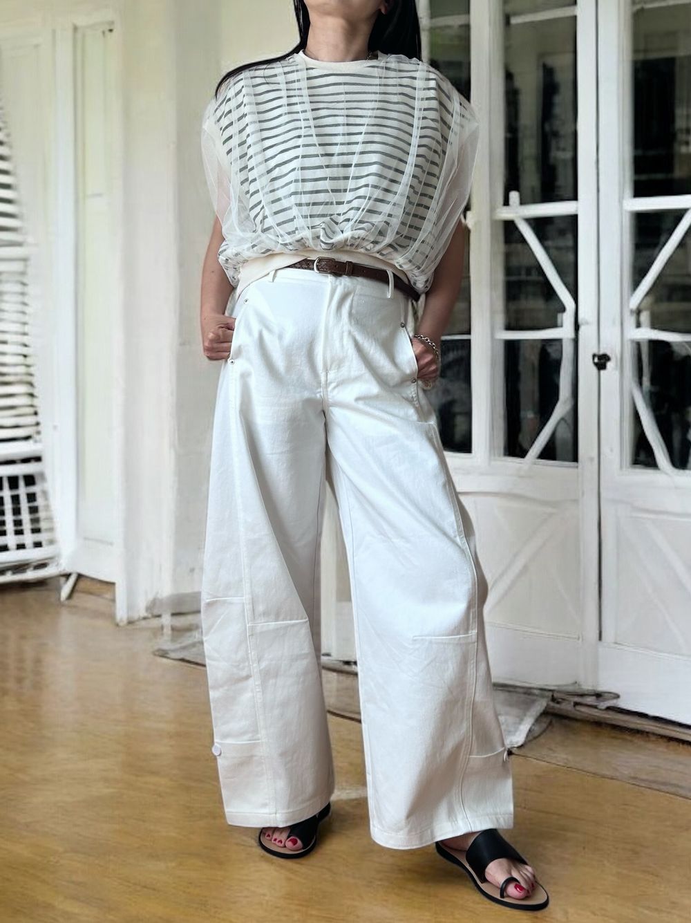 Mesh layered クルーネックトップス