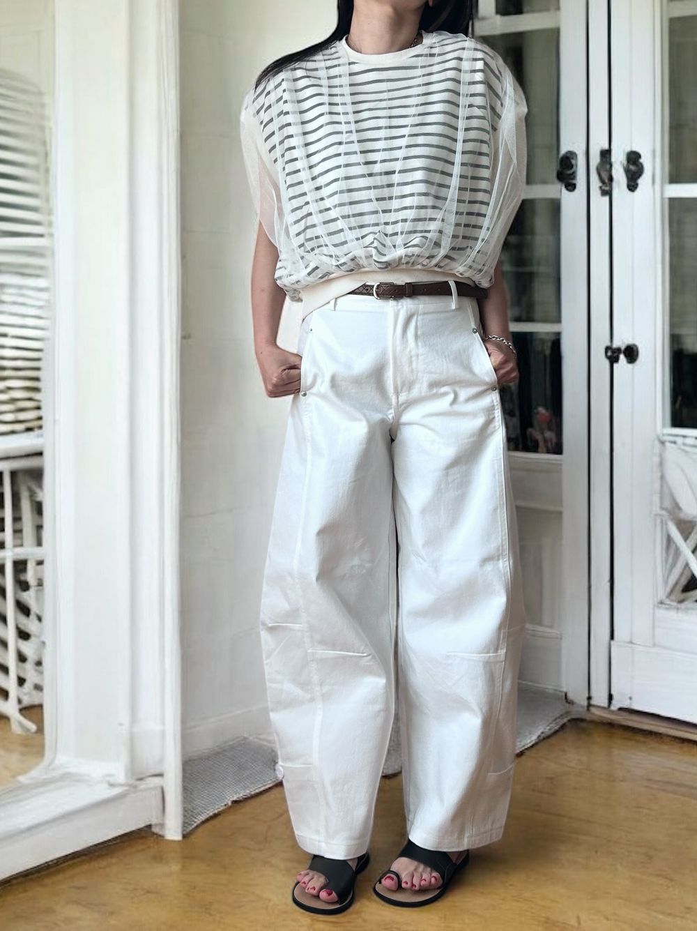 Mesh layered クルーネックトップス