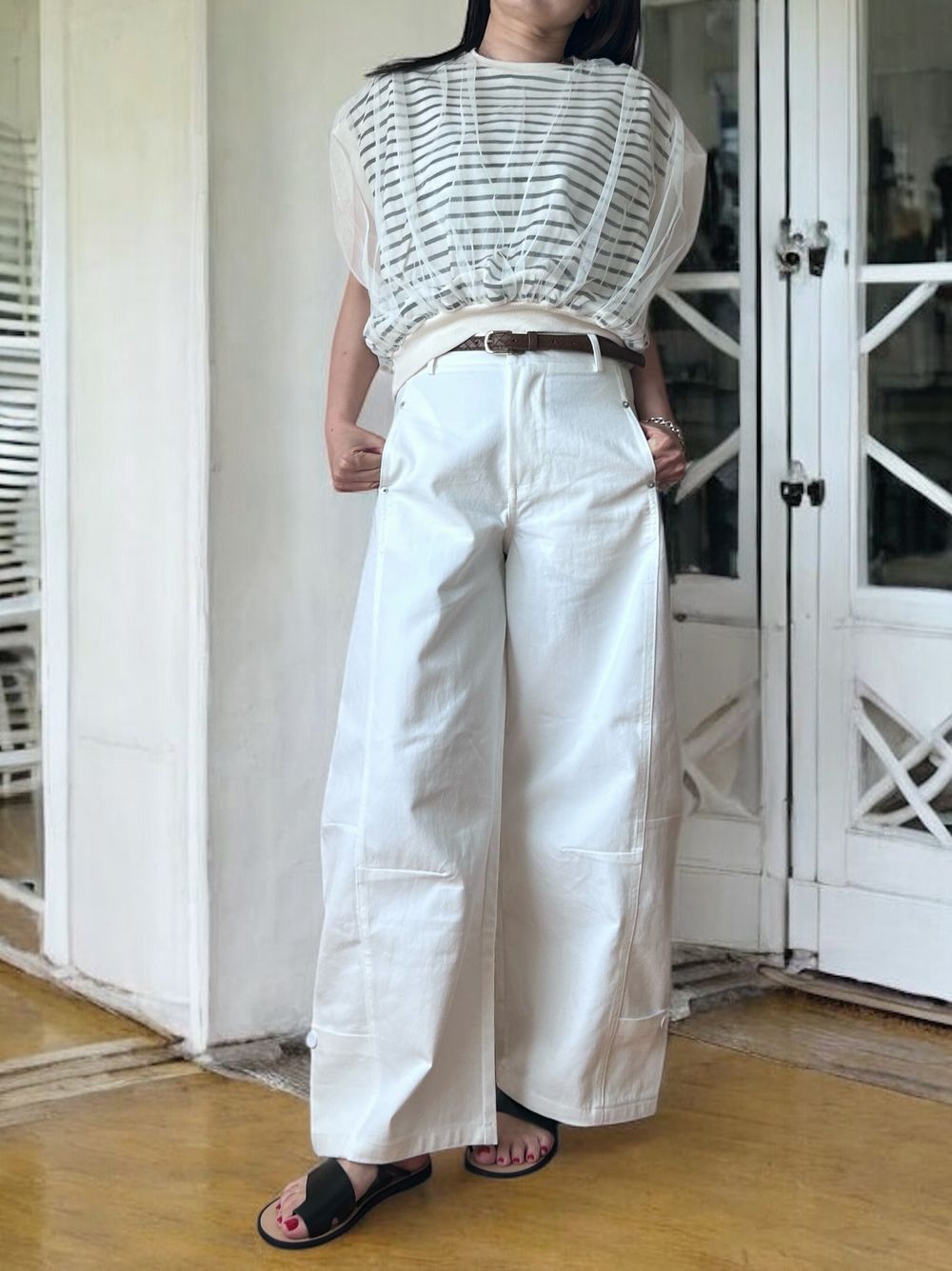 Mesh layered クルーネックトップス