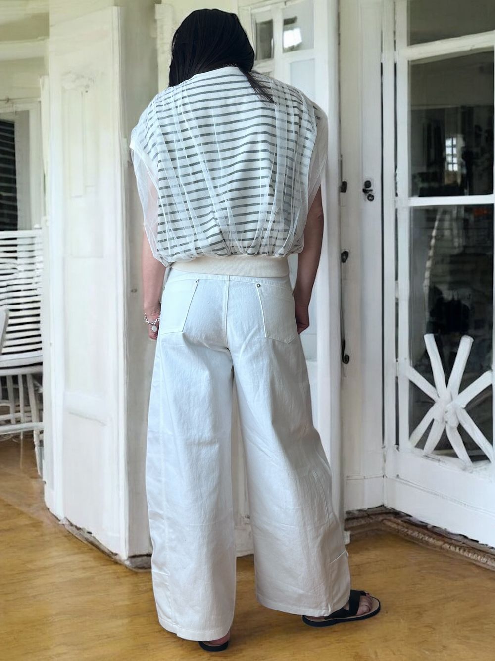 Mesh layered クルーネックトップス