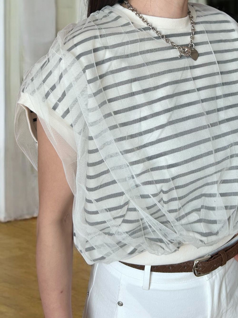 Mesh layered クルーネックトップス