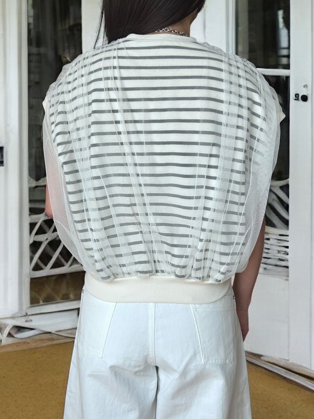 Mesh layered クルーネックトップス