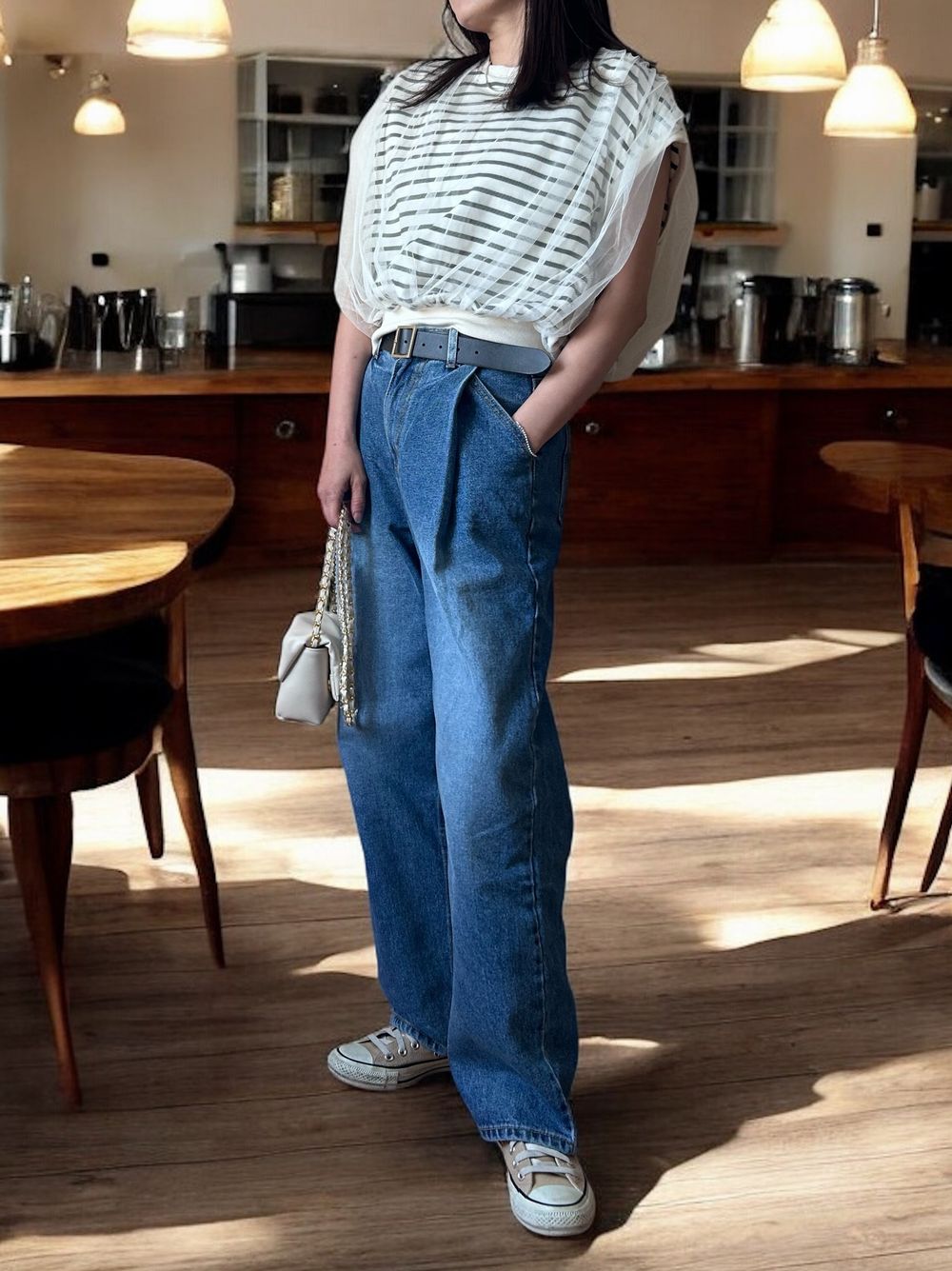 Mesh layered クルーネックトップス