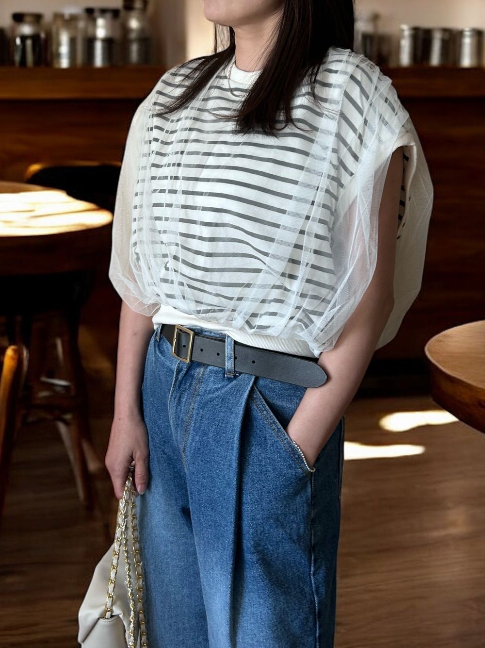 Mesh layered クルーネックトップス