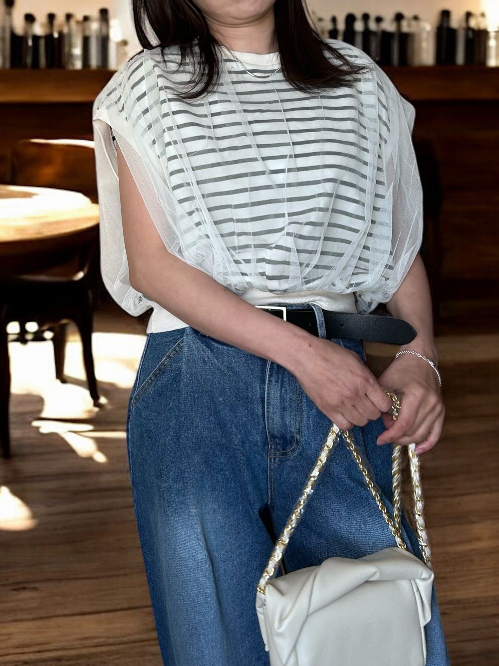Mesh layered クルーネックトップス