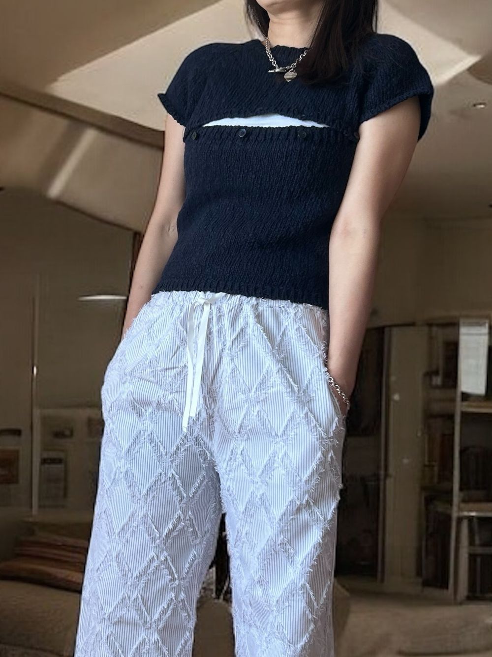 Premium cotton 2WAYレースアップニット
