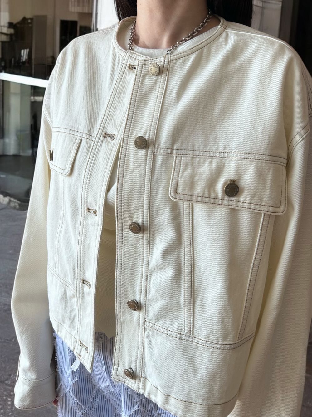 No collar drawstring カラーデニムジャケット