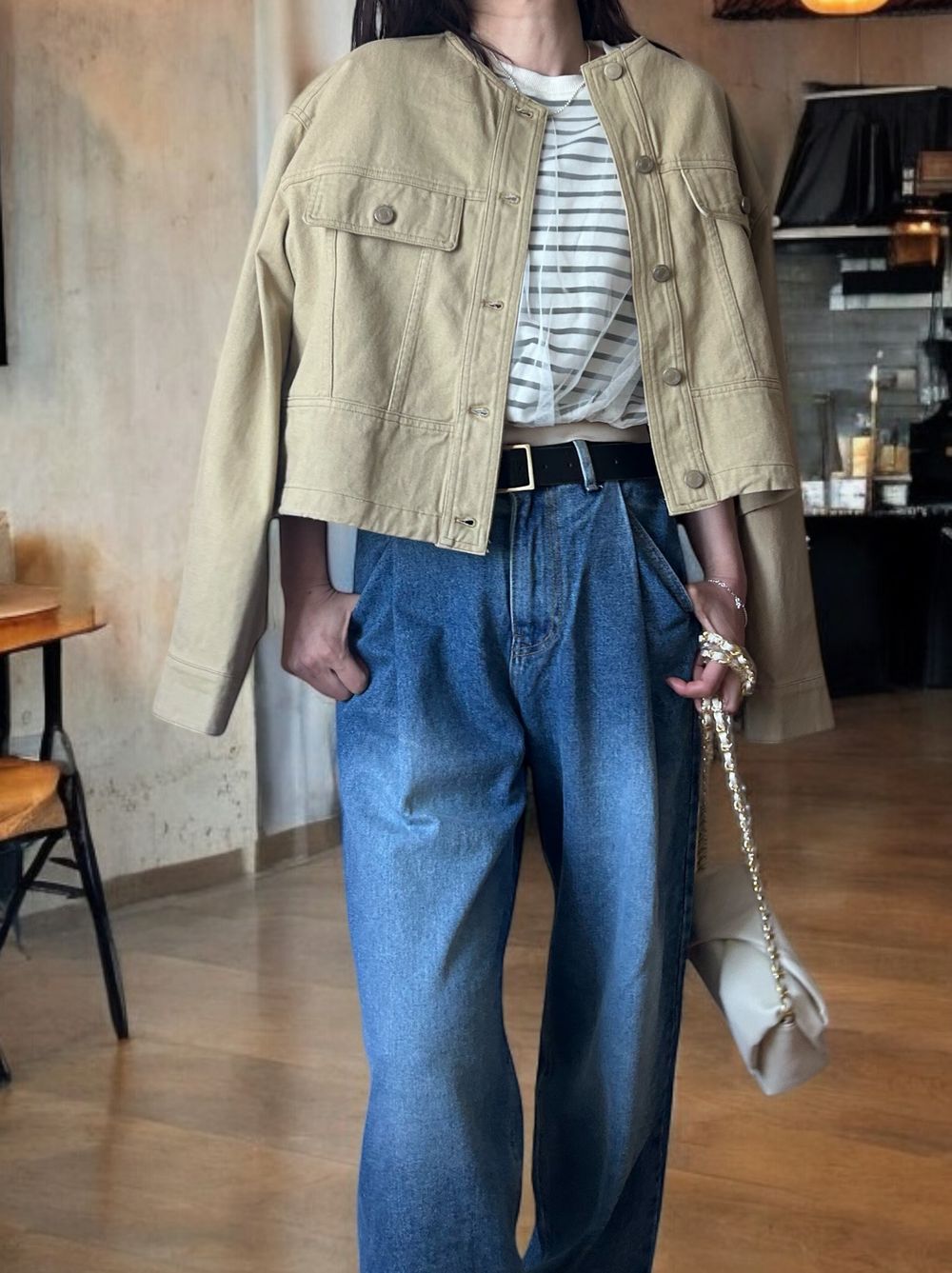 No collar drawstring カラーデニムジャケット