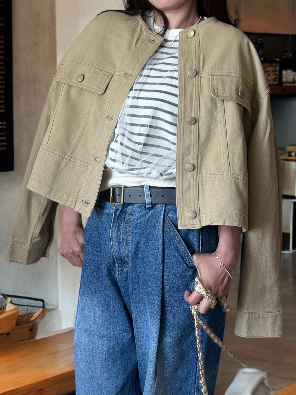 No collar drawstring カラーデニムジャケット
