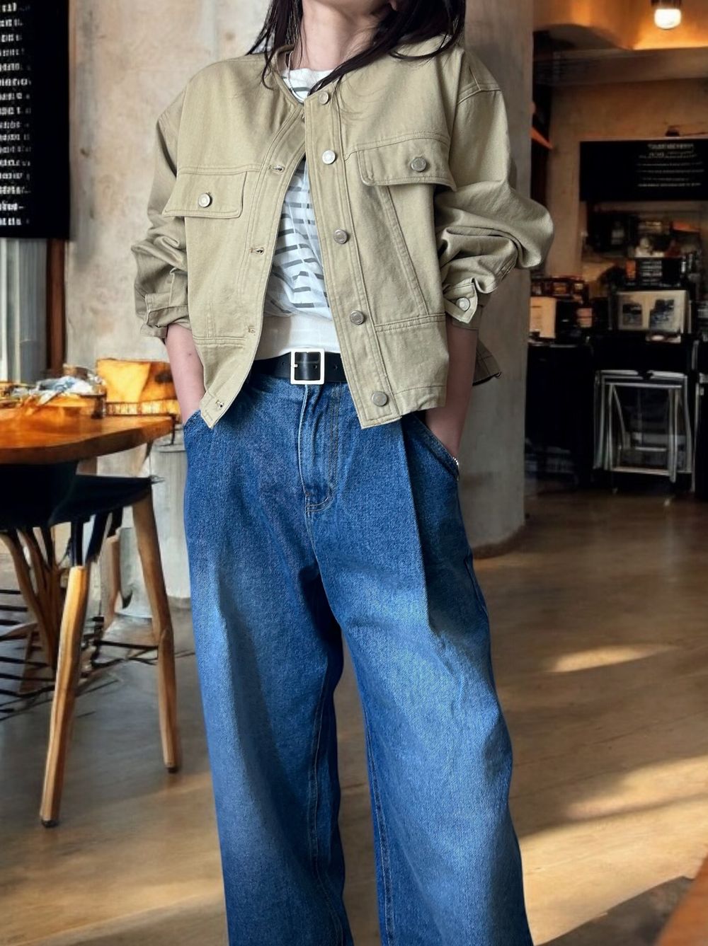 No collar drawstring カラーデニムジャケット