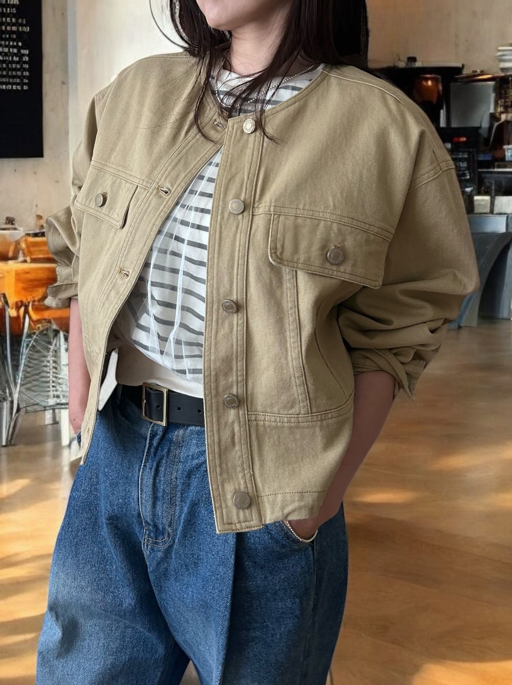 No collar drawstring カラーデニムジャケット