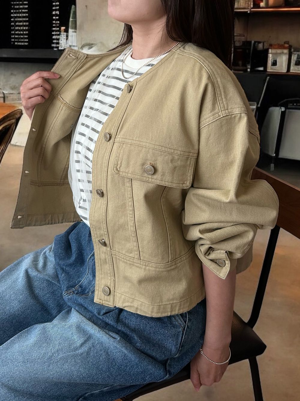 No collar drawstring カラーデニムジャケット