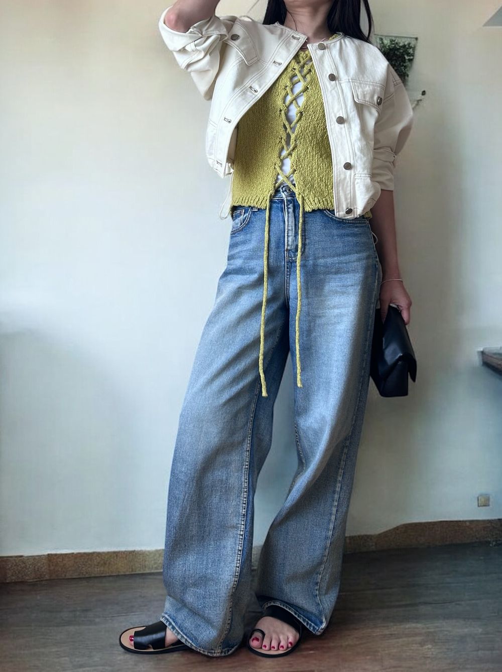 No collar drawstring カラーデニムジャケット
