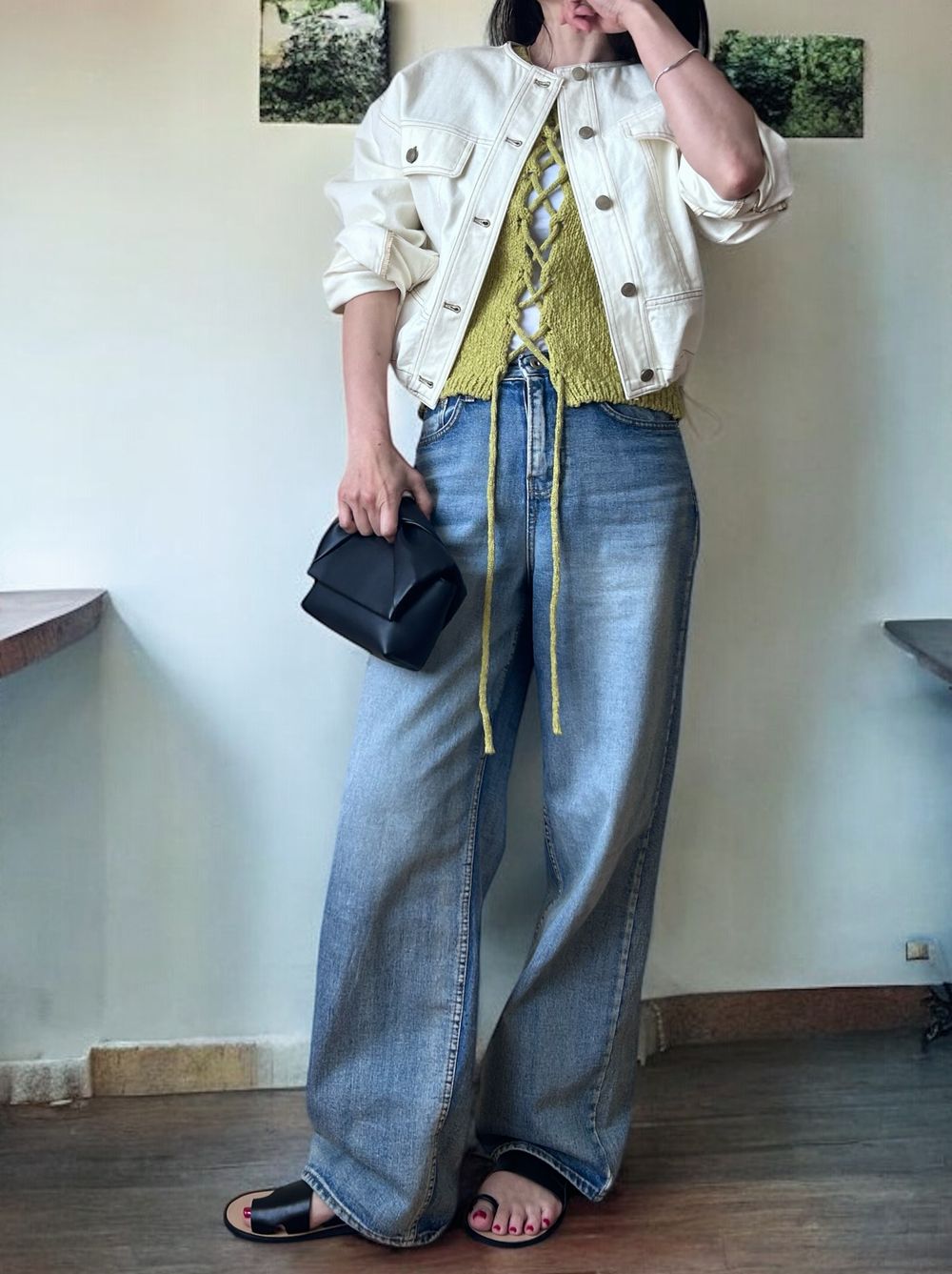 No collar drawstring カラーデニムジャケット