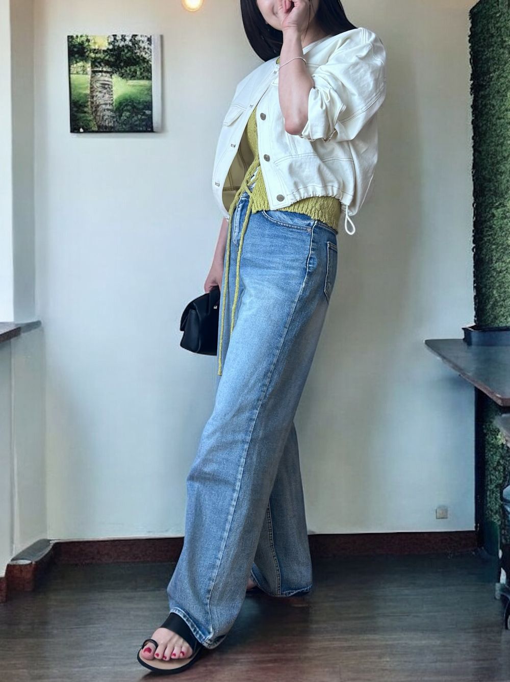 No collar drawstring カラーデニムジャケット