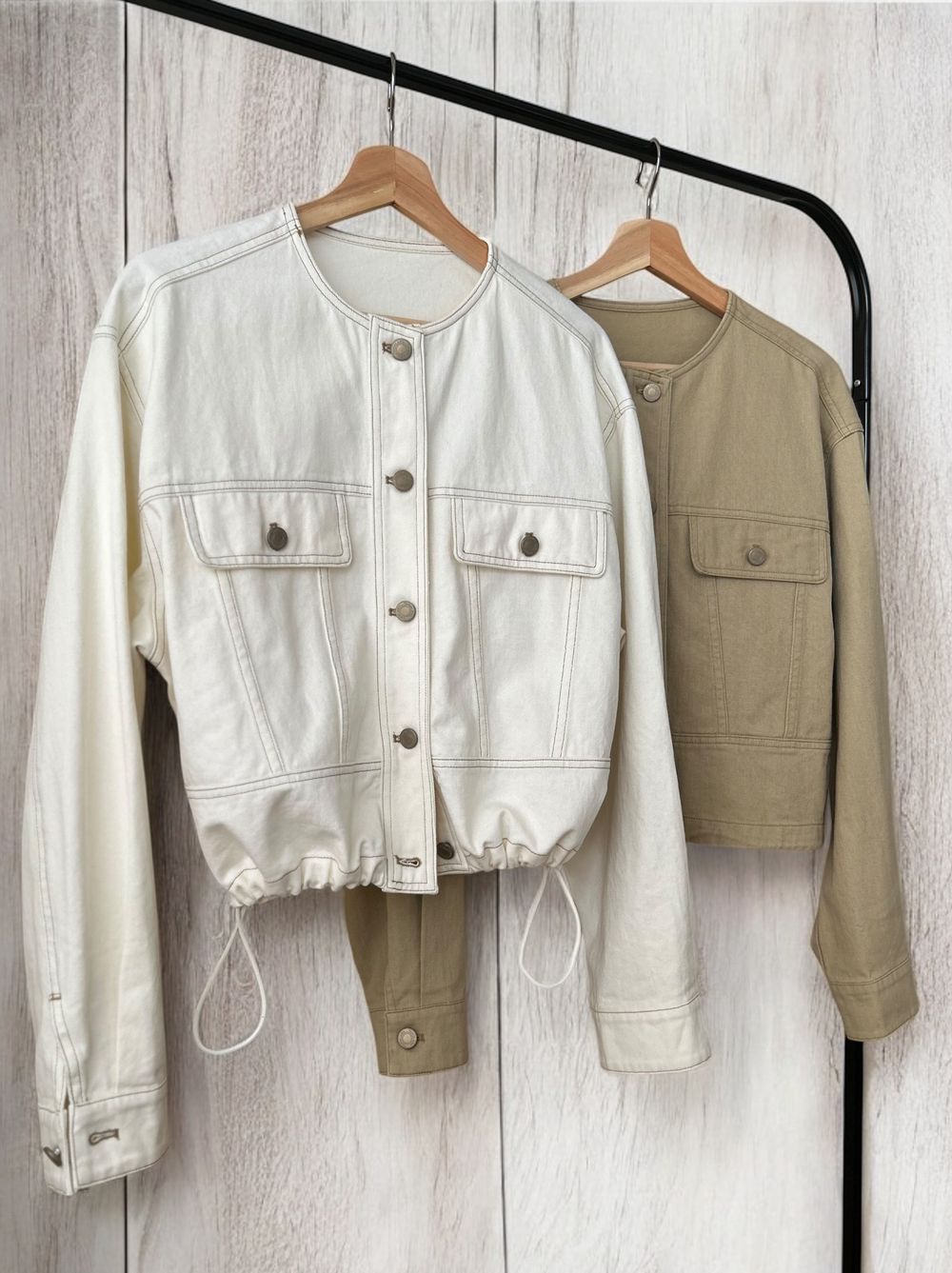 No collar drawstring カラーデニムジャケット