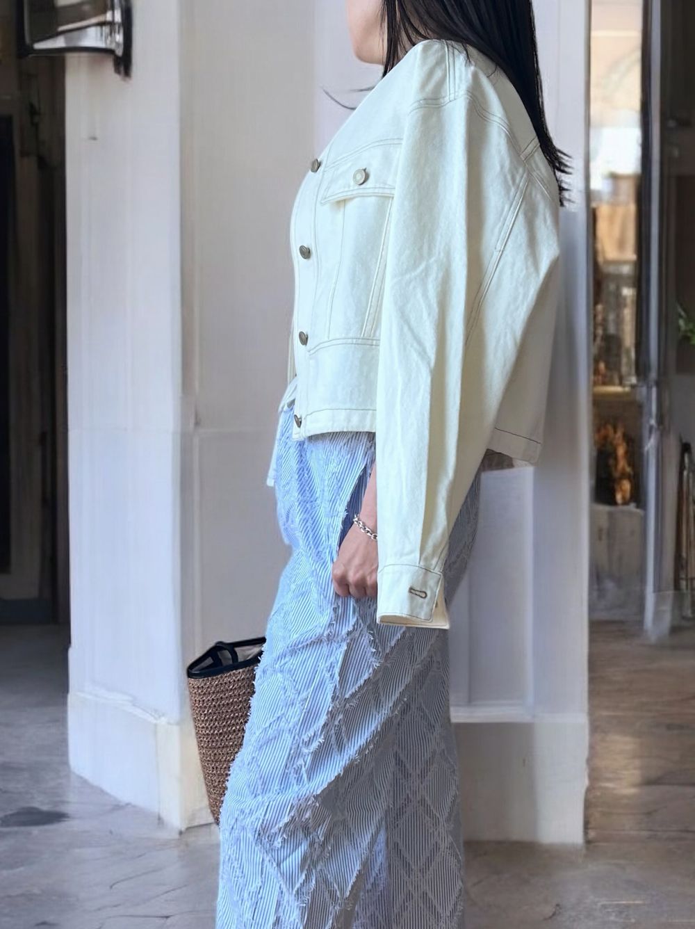 No collar drawstring カラーデニムジャケット