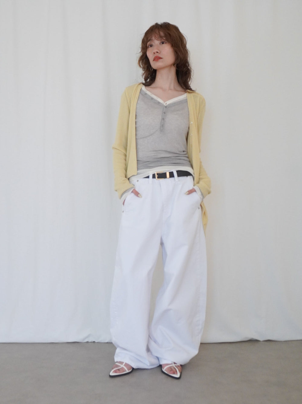 Asymmetric button-down リブカーディガン