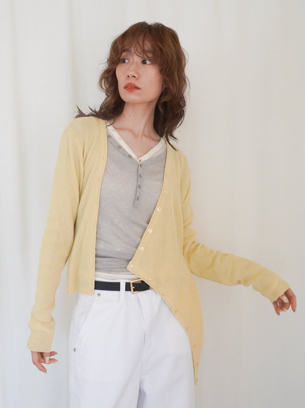 Asymmetric button-down リブカーディガン