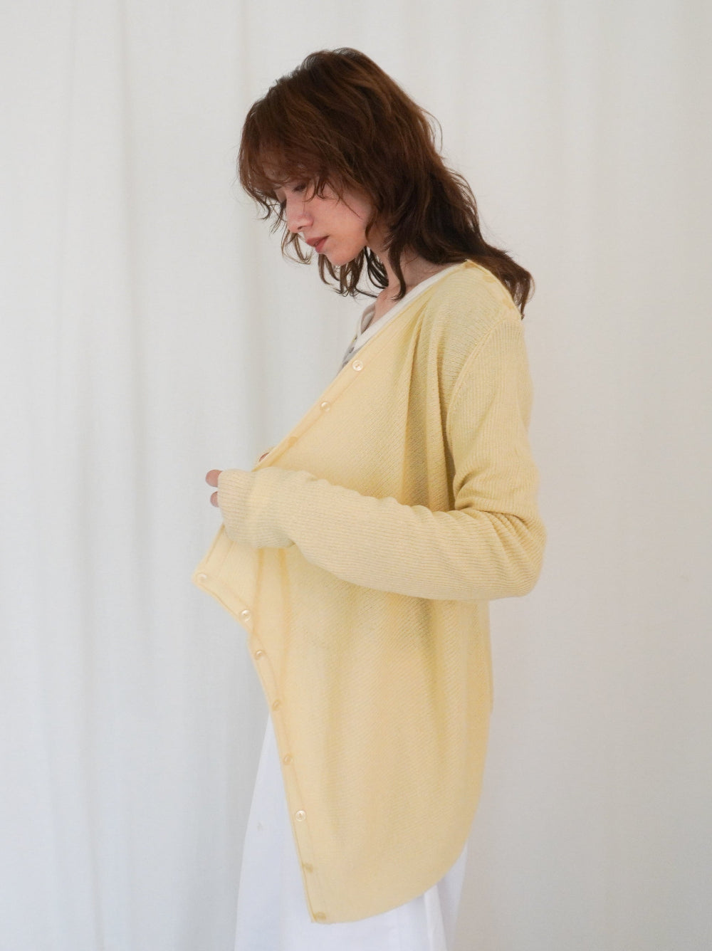 Asymmetric button-down リブカーディガン