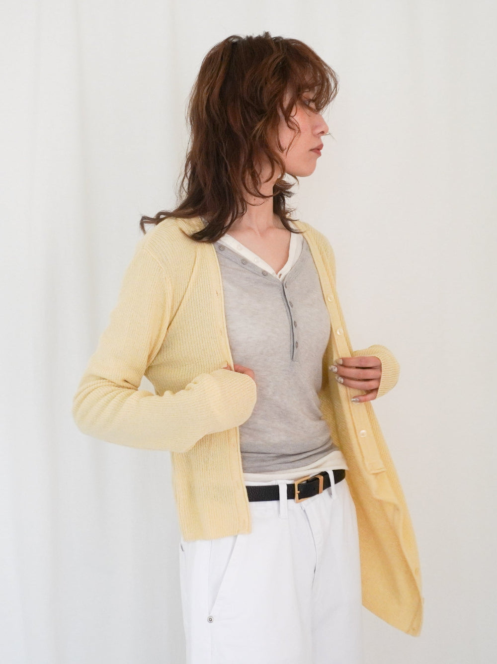 Asymmetric button-down リブカーディガン