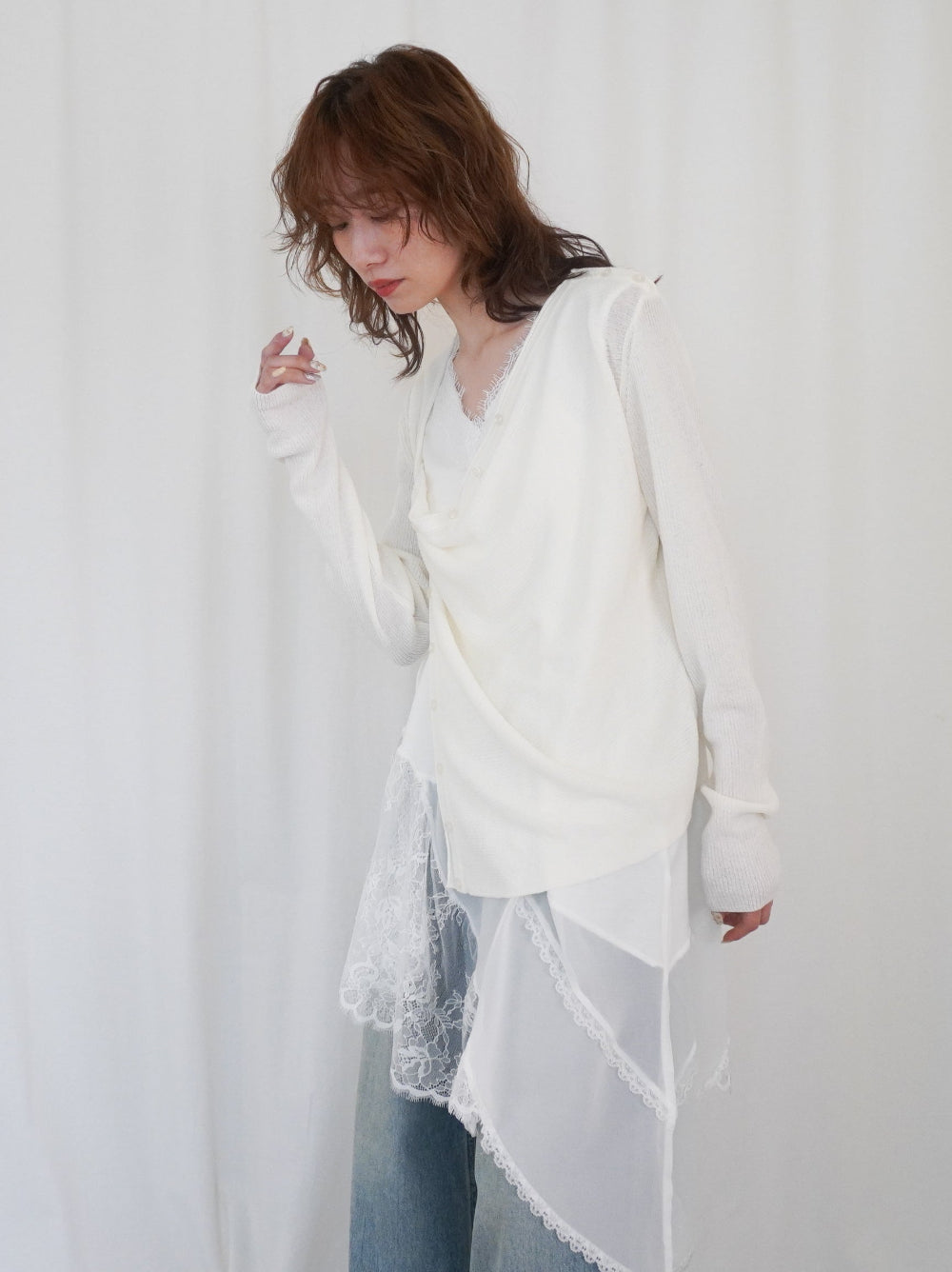 Asymmetric button-down リブカーディガン