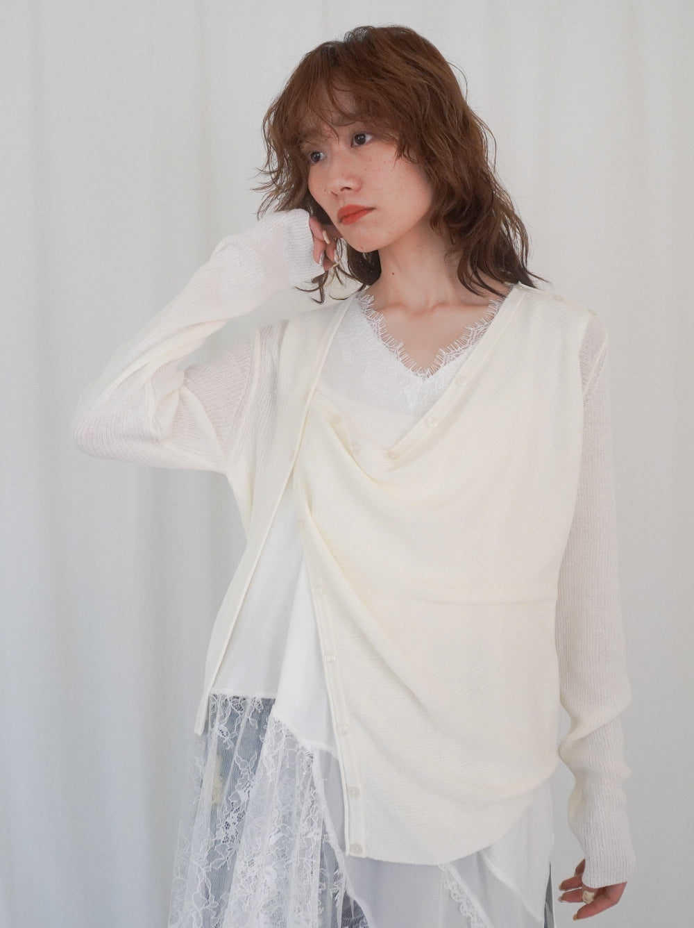 Asymmetric button-down リブカーディガン