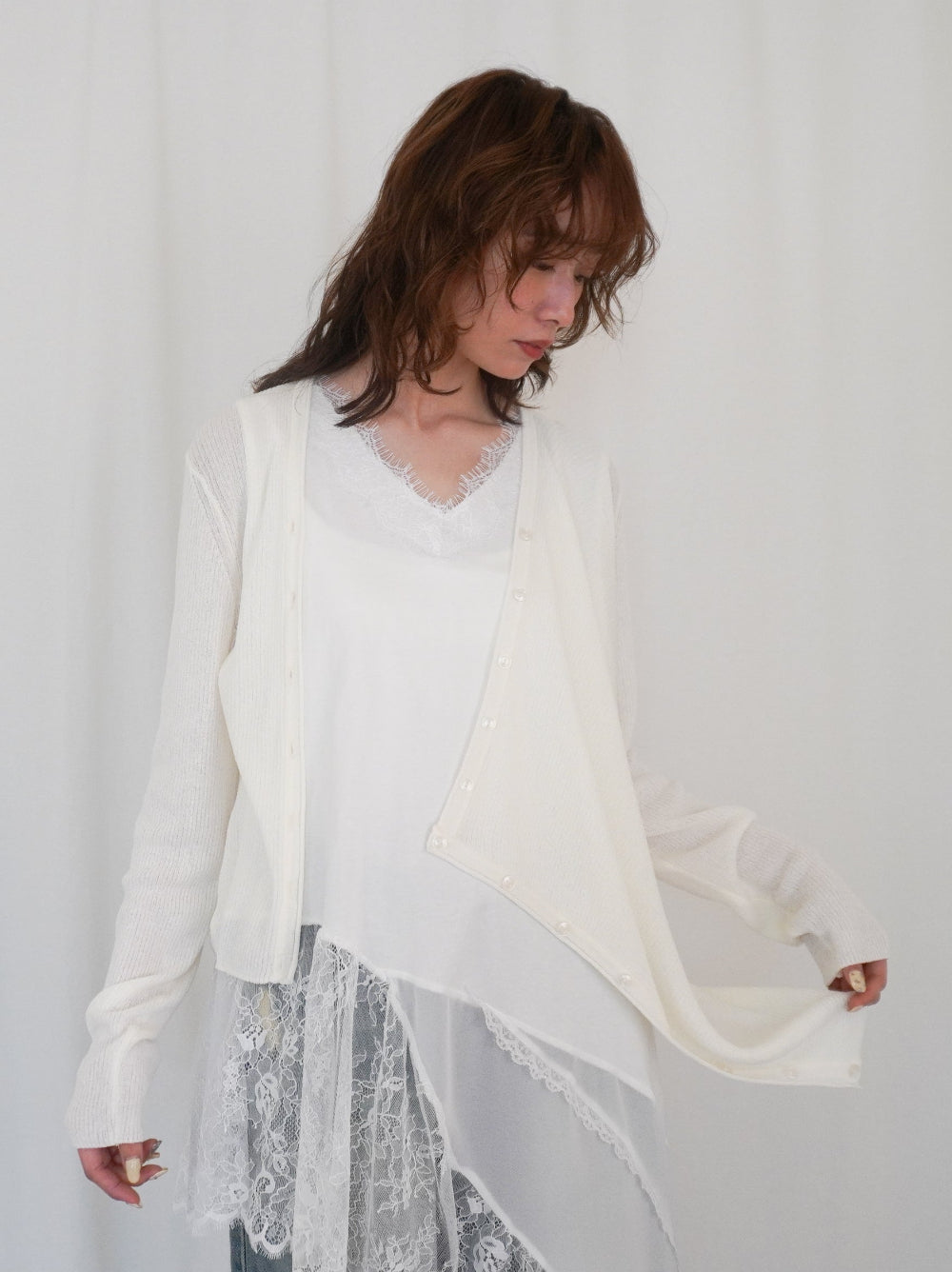 Asymmetric button-down リブカーディガン
