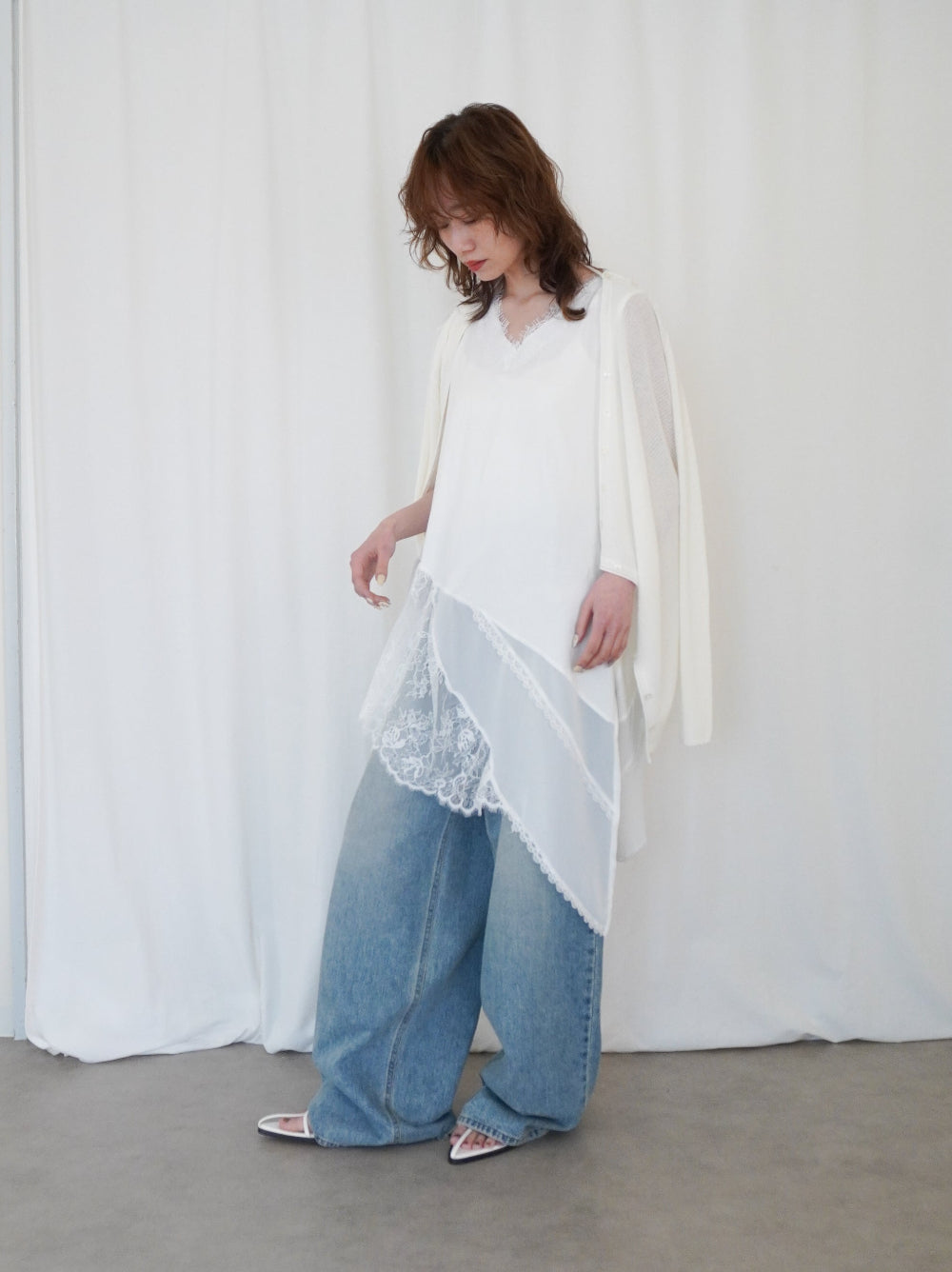 Asymmetric button-down リブカーディガン