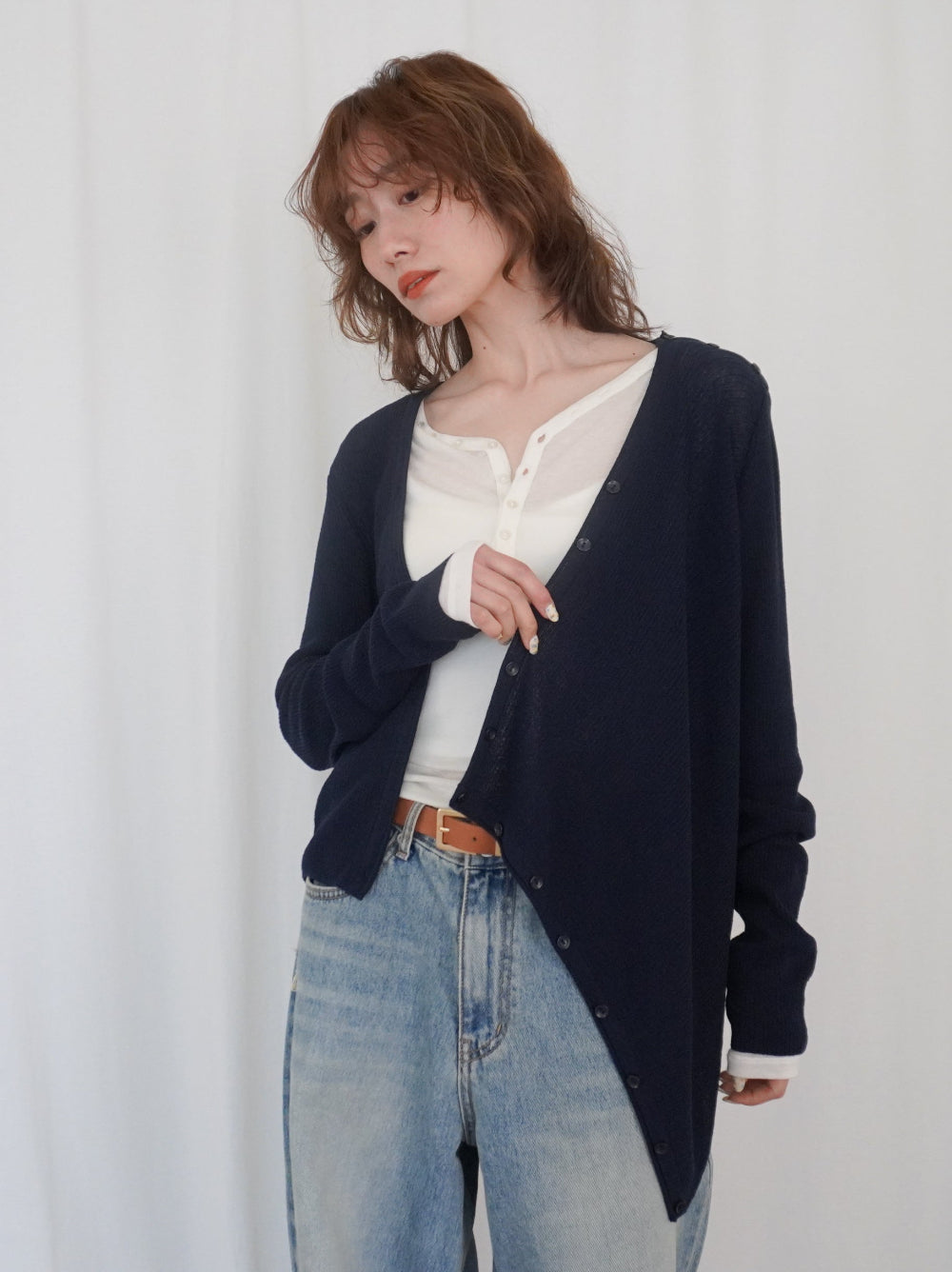 Asymmetric button-down リブカーディガン