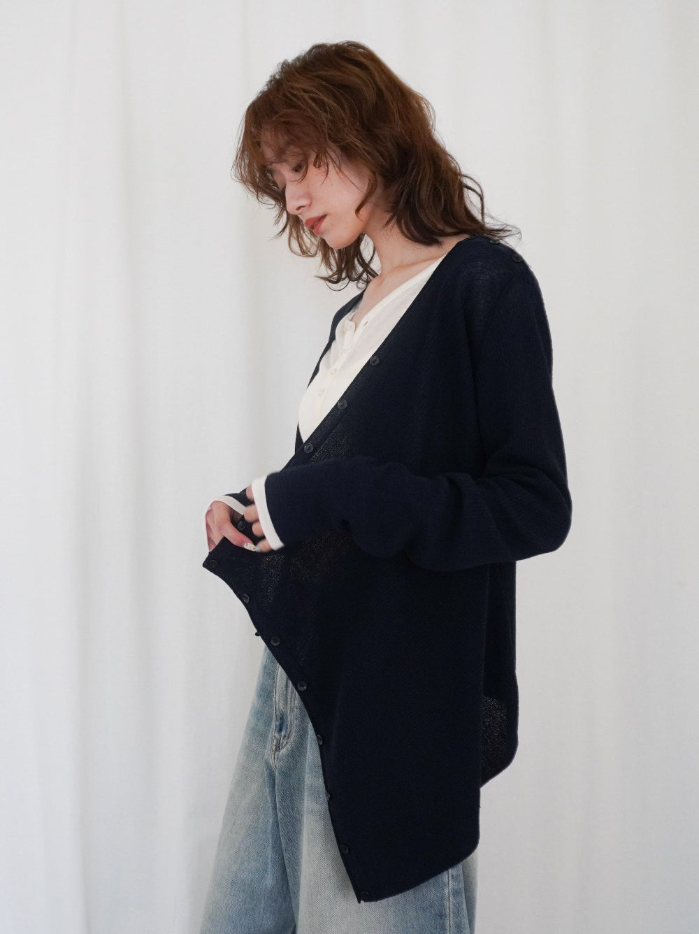 Asymmetric button-down リブカーディガン