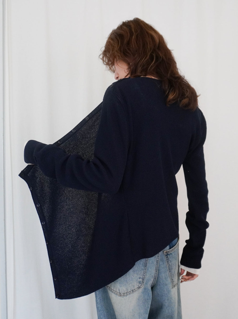 Asymmetric button-down リブカーディガン