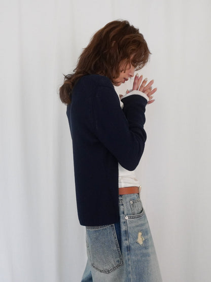 Asymmetric button-down リブカーディガン