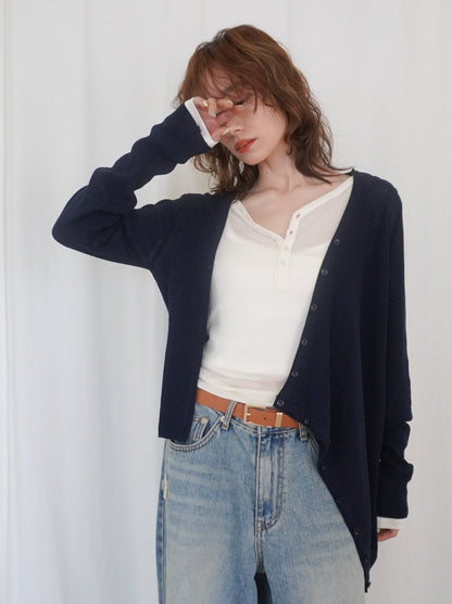 Asymmetric button-down リブカーディガン